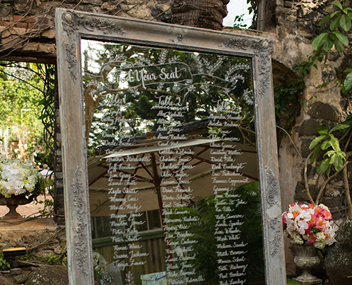 Seating chart on rustic framed mirror